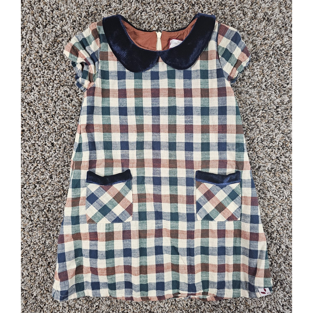 Sweethoney brown, blue, green, cream plaid peter pan collar shift dress 5Y